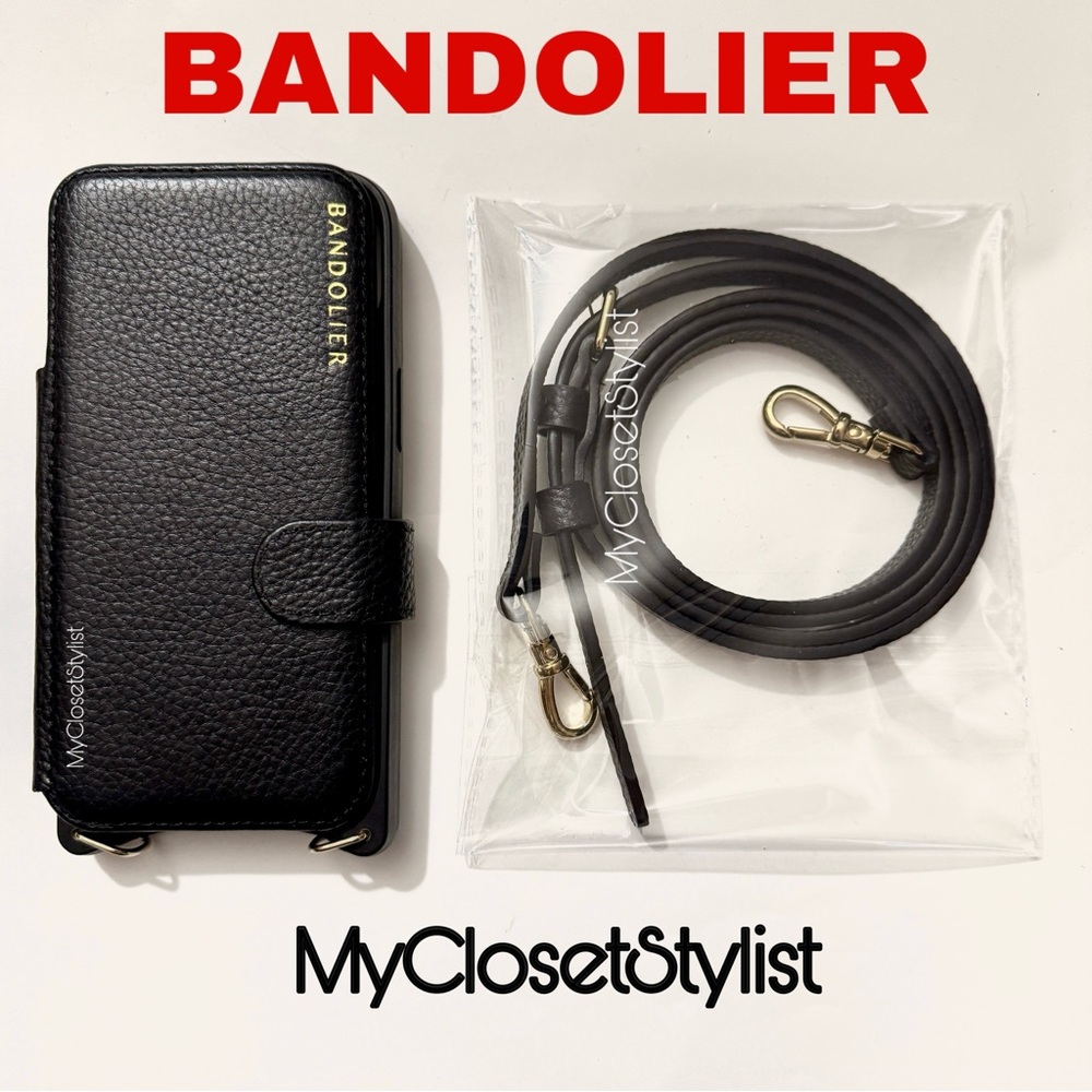 NEW Bandolier Black Leather FOLIO 12& Pro Gold iPhone Crossbody Purse CASE STRAP